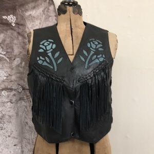Black Leather Fringe Vest with Teal Suede Roses